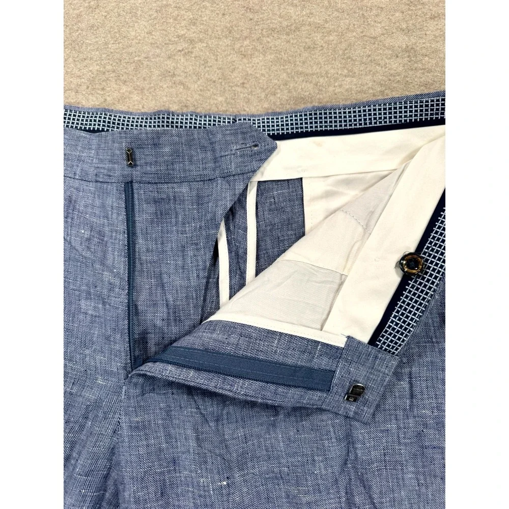Murano Baird McNutt Slim Alex Fit Dress Pants Mens 34x30 Blue Flat Front Linen